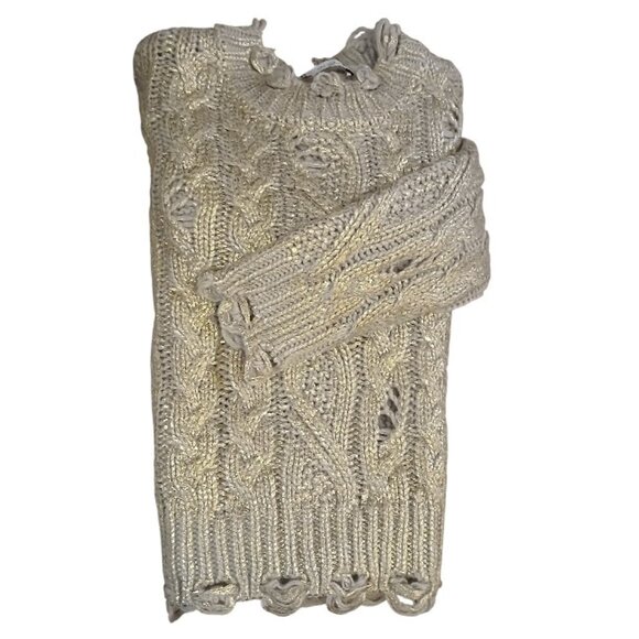 ZARA Wheat with Metallic Gold Shimmer Wool Blend Crop Crew Cable Knit Sweater - Picture 10 of 12